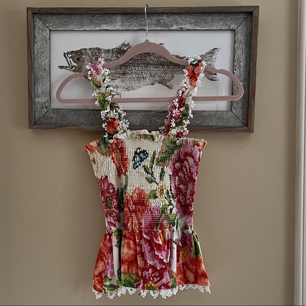 Farm Rio floral smocked tank EUC blouse